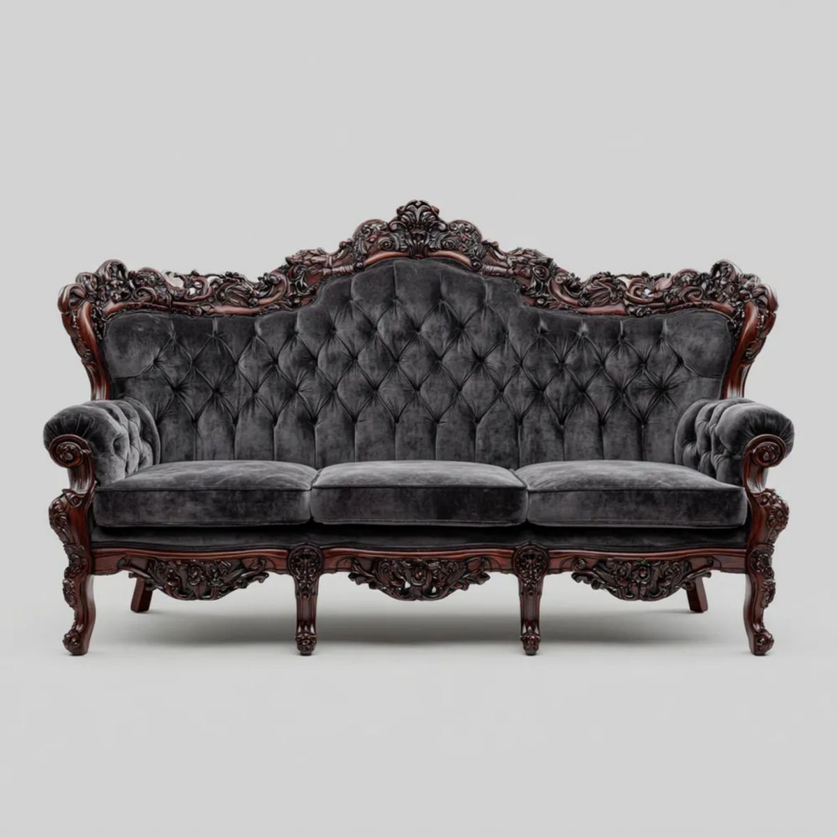 Sofa, 3-osobowa barokowy sofa w antracycie szary velvet i buk bezalkoholowy ciemnobrązowy, 230 x 95 x 125 cm