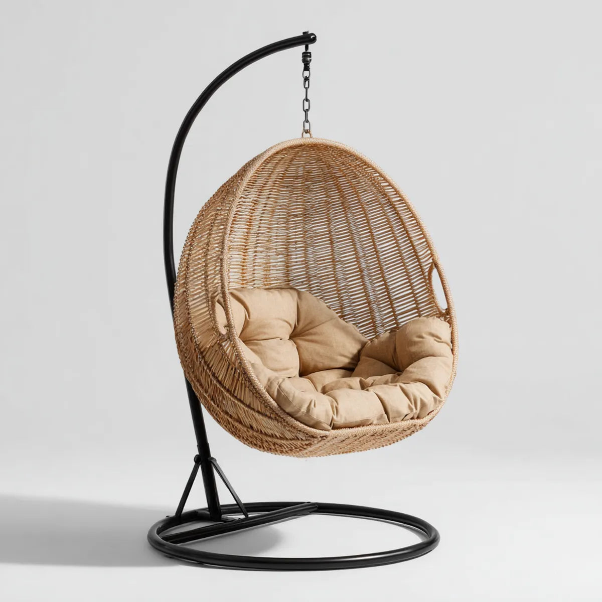 Hamak lub fotel wiszący, Czarna i naturalna nóżka zawieszona na krześle w stalowym kształcie jaj PE 105 x 105 x 195 cm
