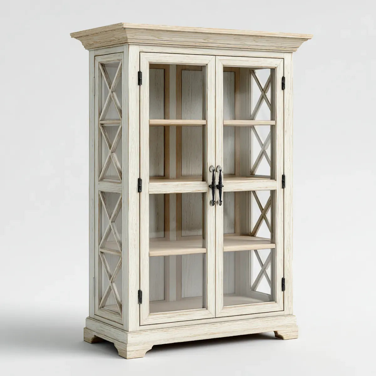 Regał na książki, 2-drzwiowa biała szklana biblioteczka ze szklanym i sosnowym drewnem litym 100 x 45 x 190 cm prostokątna
