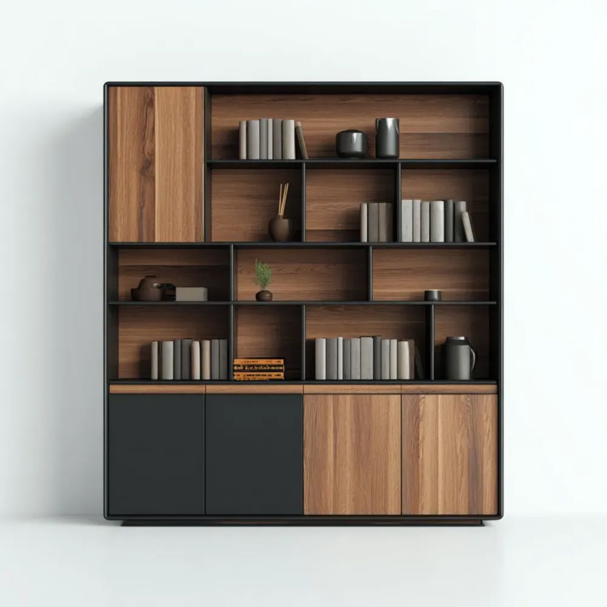 Witryna, Wysoka biblioteka 5- drzwiowa w MDF Dębowy Dekorator i matowa czarna stal, 120 x 40 x 200 cm