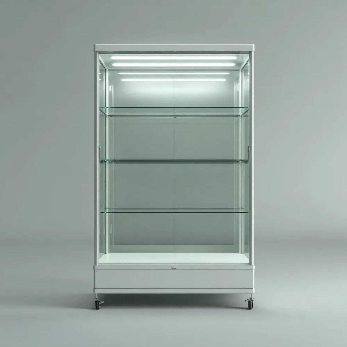 Witryna, Prostokątna wystawa z aluminiowymi kółkami z białym kołem i metalowym szkłem, 80 x 40 x 180 cm