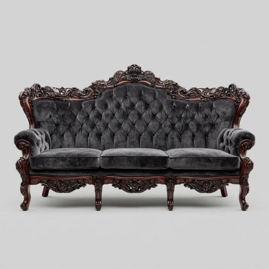 Sofa, 3-osobowa barokowy sofa w antracycie szary velvet i buk bezalkoholowy ciemnobrązowy, 230 x 95 x 125 cm