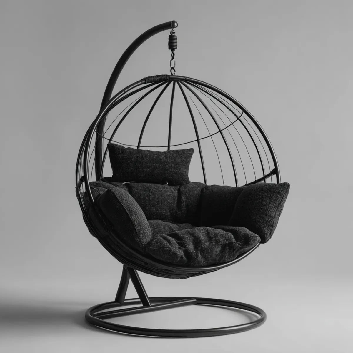 Hamak lub fotel wiszący, Krzesło wiszące z czarnym podporem 105 x 105 x 195 cm w kształcie stalowym i poliestrowym okrągłym