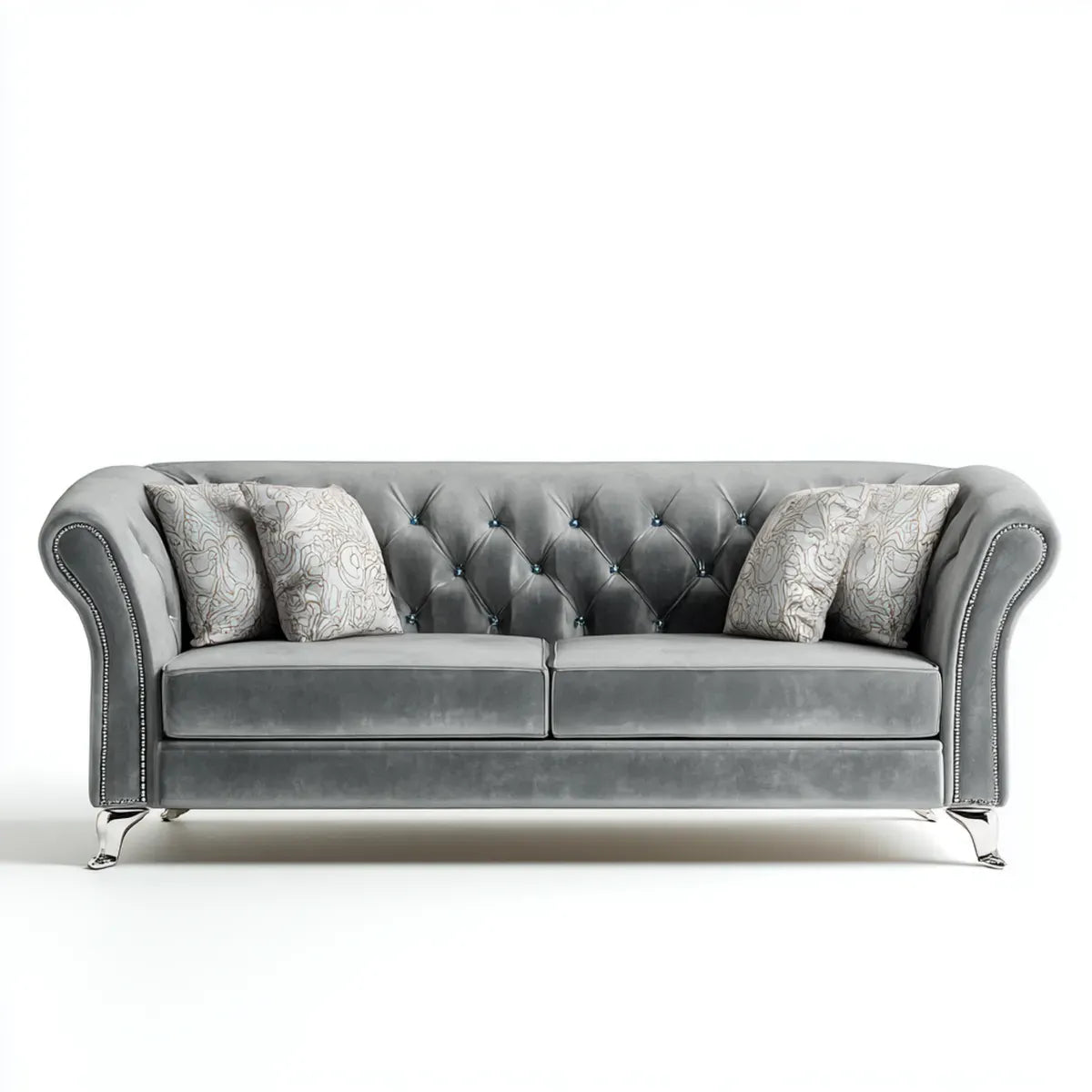 sofa 3-osobowa szara 220 x 90 x 78 cm poliester aksamit Chesterfield prostokątna