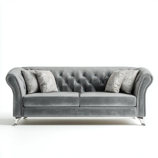 sofa 3-osobowa szara 220 x 90 x 78 cm poliester aksamit Chesterfield prostokątna