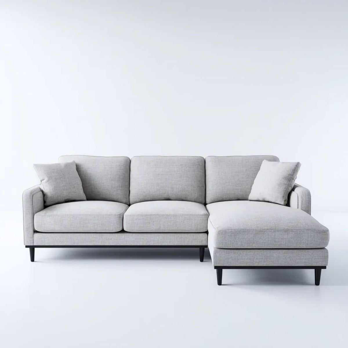 Sofa kąt stały 3 fotele w kolorze jasnoszarym poliester, czarne nóżki, 260 x 160 x 85 cm, szezlong po prawej stronie