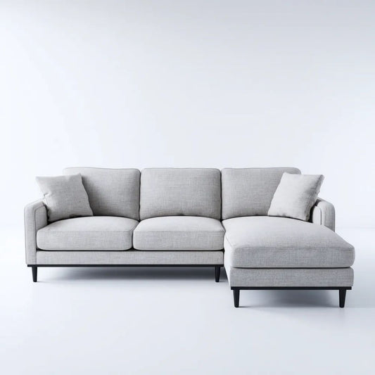 Sofa kąt stały 3 fotele w kolorze jasnoszarym poliester, czarne nóżki, 260 x 160 x 85 cm, szezlong po prawej stronie