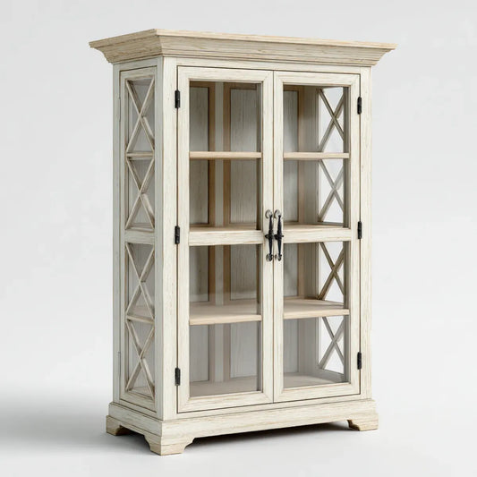 Regał na książki, 2-drzwiowa biała szklana biblioteczka ze szklanym i sosnowym drewnem litym 100 x 45 x 190 cm prostokątna