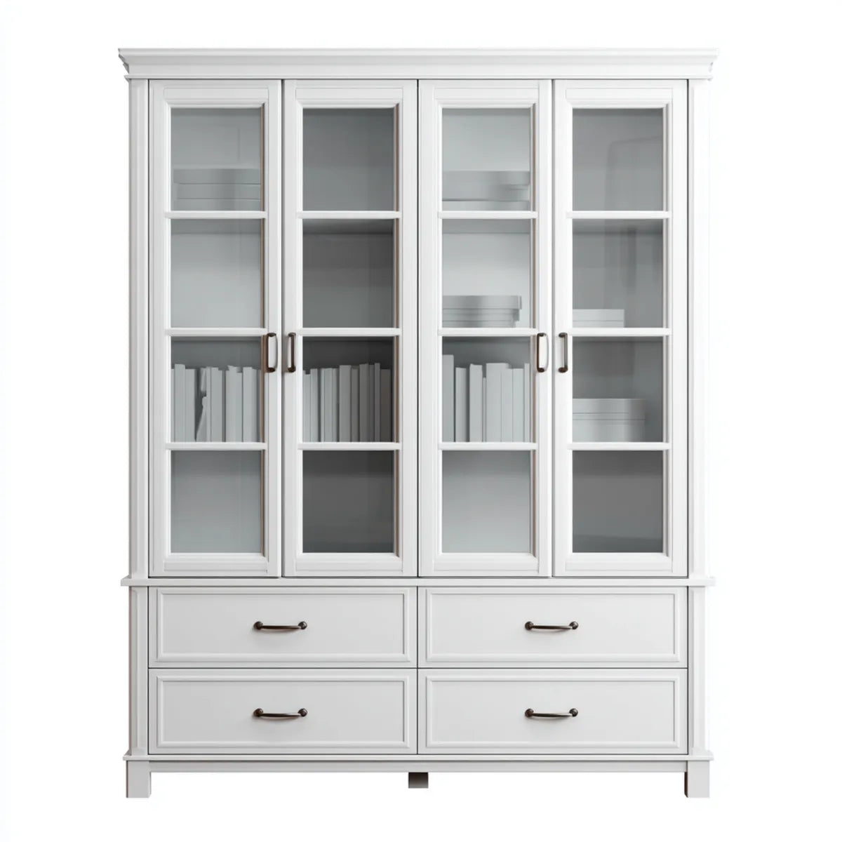 Regał na książki, Biała biblioteczka biurowa z 4 szklanymi drzwiami i 4 szufladami 200 x 45 x 220 cm w kształcie prostokątnym MDF
