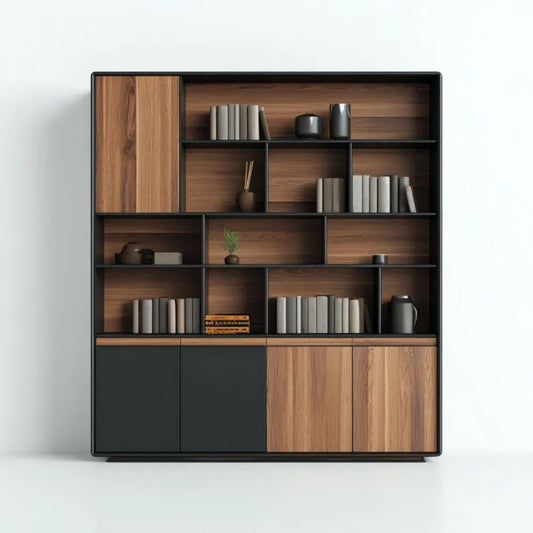 Witryna, Wysoka biblioteka 5- drzwiowa w MDF Dębowy Dekorator i matowa czarna stal, 120 x 40 x 200 cm