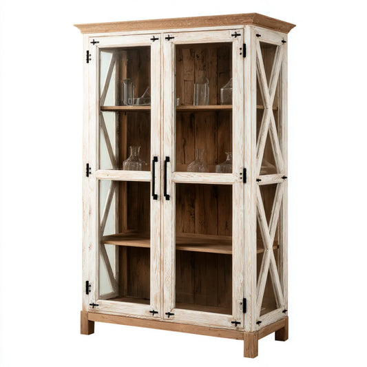 Regał na książki, 2-drzwiowa biblioteczka ze szkła białego i naturalnego 100 x 45 x 190 cm w prostokątnym drewnie litym