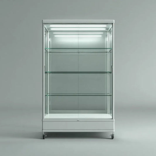 Witryna, Prostokątna wystawa z aluminiowymi kółkami z białym kołem i metalowym szkłem, 80 x 40 x 180 cm