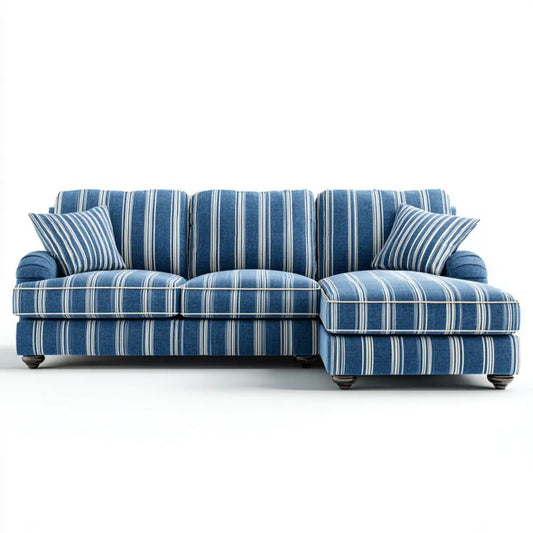 Sofa, 3-osobowa sofa w paski niebieski i biały tkaniny, bursztynowy meridian, 250 × 95- 160 × 90 cm