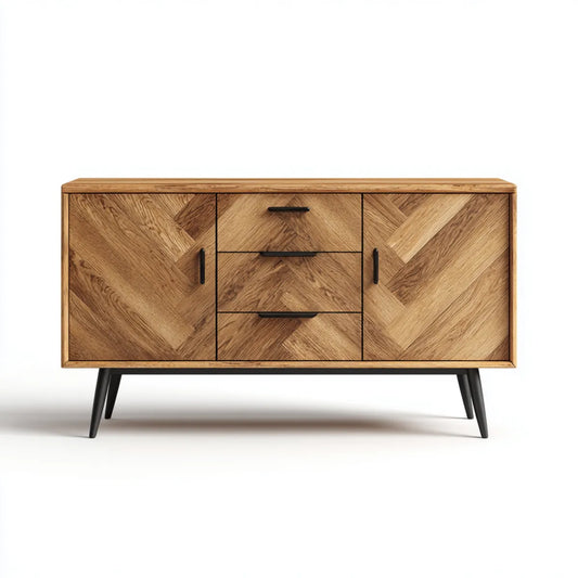 Kredens, 2 drzwi boczne 3 szuflady dęb naturalny i czarny 160 x 40 x 85 cm MDF prostokątne płyty fornirowane dębu