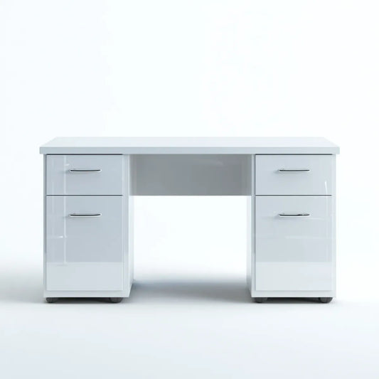 Biurko, Proste biurko biały prostokątny 120 x 60 x 75 cm w połysku lakierowanym MDF z czterema szufladami