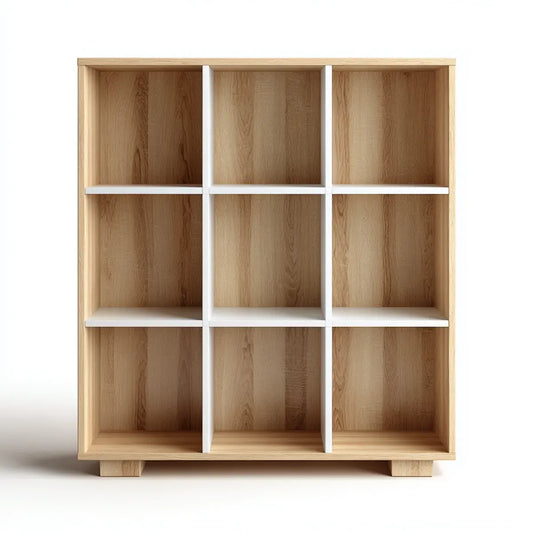 Regał na książki, Biblioteka biurowa 9 kwadratów w prostokątnych panelach MDF z lekkim dębem i białym dębem 120 x 35 x 120 cm