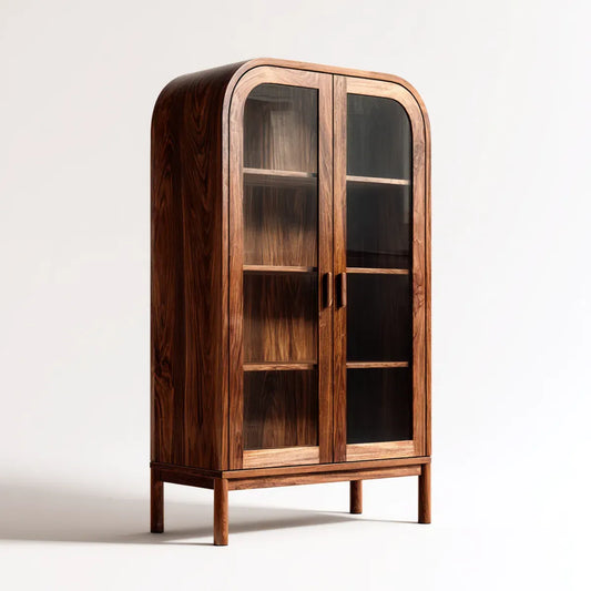 Regał na książki, Biblioteka szklana 2 drzwi brązowe drewno orzechowe i wędzone szkło łukowe kształt 100 x 45 x 180 cm
