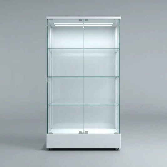Witryna, Białe prostokątne wystawa w hartowanym szkle 80 x 40 x 180 cm z oświetleniem LED