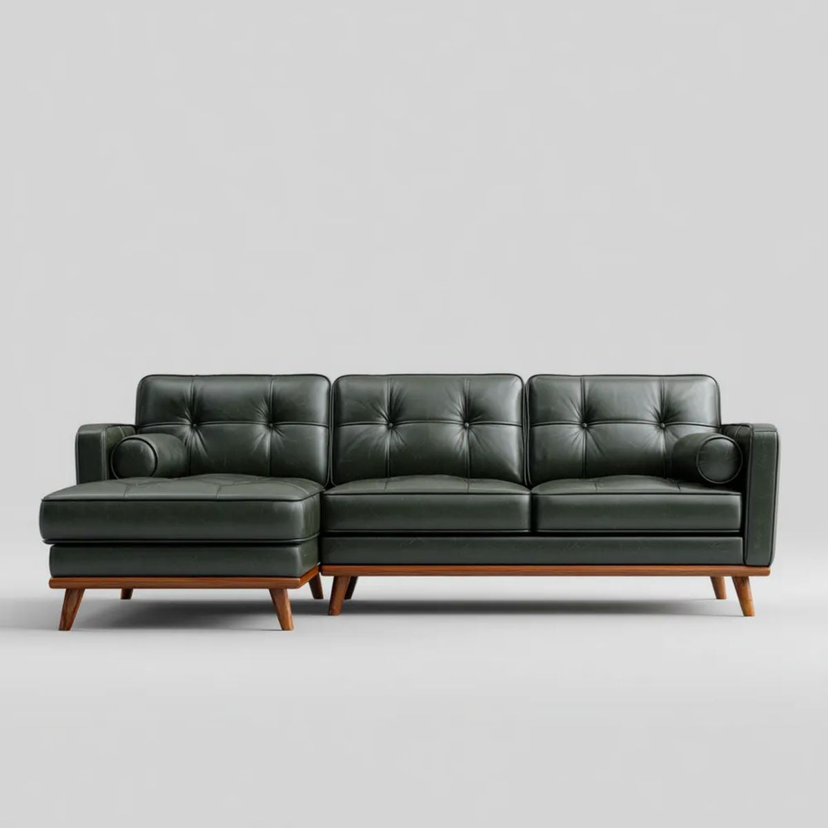 Sofa, 3-osobowa sofa w ciemnozielony sumaryczny syntetyczny skóra i drewno brązowe, 270 x 160 x 85 cm