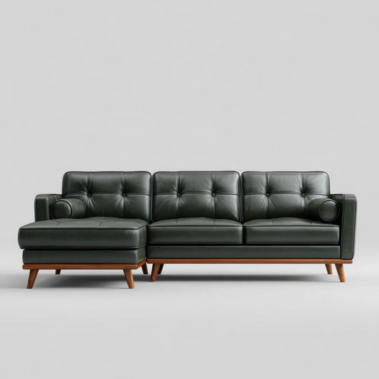 Sofa, 3-osobowa sofa w ciemnozielony sumaryczny syntetyczny skóra i drewno brązowe, 270 x 160 x 85 cm