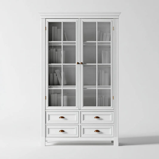 Regał na książki, Biała 2-drzwiowa biblioteczka z 4 szufladami 100 x 40 x 220 cm MDF i prostokątnym hartowanym szkłem