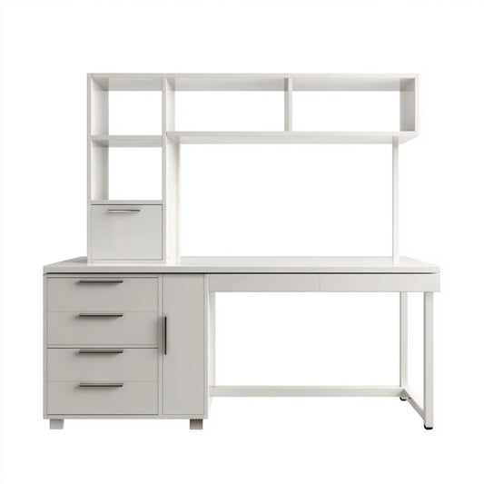 Biurko, Biała biurko z półkami 120 x 60 x 150 cm w prostokątnych melaminowanych panelach MDF