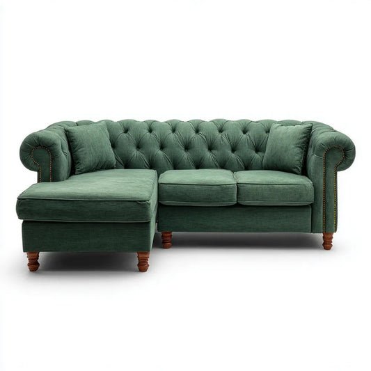 Sofa, Chesterfield 3 Plac na lewo narożnik Sofa w ciemnozielonym poliestrze Belivelvet, 260 x 160 x 75 cm