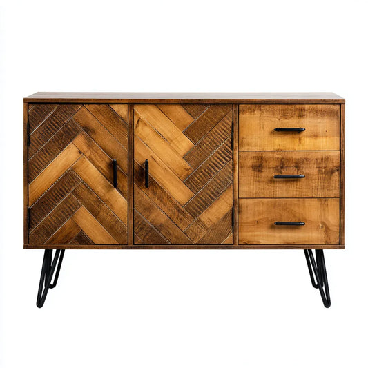 Kredens, Brązowy stolarz bufet 120 x 40 x 80 cm w litych prostokątnych drewna mango z 2 drzwiami i 3 szufladami