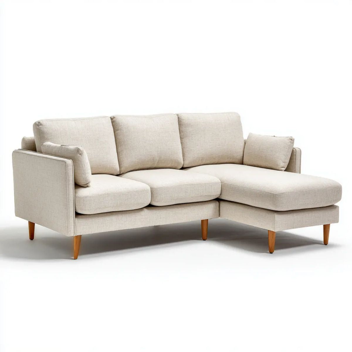 Sofa, 3-osobowa sofa z szezlongiem w beżowym poliestrze, 230 x 150 x 85 cm