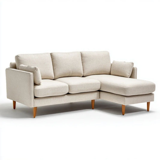 Sofa, 3-osobowa sofa z szezlongiem w beżowym poliestrze, 230 x 150 x 85 cm