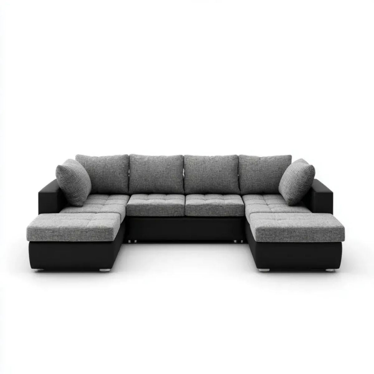 Sofa, Panoramiczna sofa w kształcie litery UV w szarej i czarnej tkaniny z jedwabiu i skóry, 300 x 200 x 85 cm